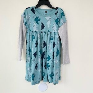 Tea Teal Blue Grey Layered Look Longsleeve Dress Doves Birds size 7 Cotton